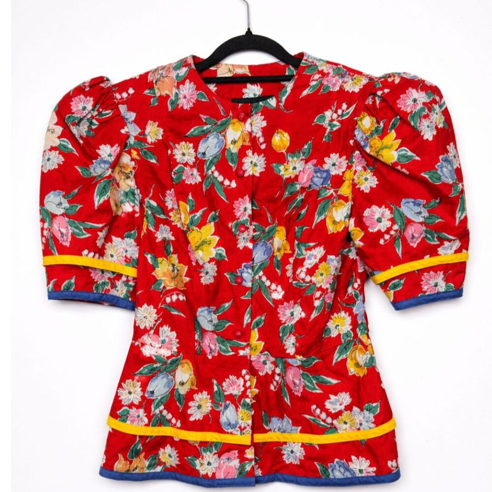 Vintage 80s Floral Cotton Blouse Size 10 Red Cottagecore Puff Sleeve Made in USA